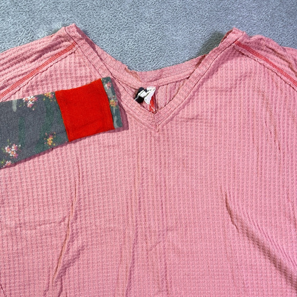 Free People Pink Waffle Knit Tunic Top Women's XS Unique Patchwork Sleeve